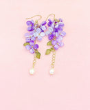 Gold Lilac Purple Flower Charm Earrings, Sakura Cherry Blossom, Natural Pearl, N6005P