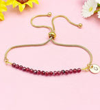 Gold Garnet Bracelet, Personalized Initial Charm, Stainless Steel, Gemstone Jewelry, B5540