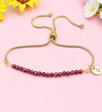 Gold Garnet Bracelet, Personalized Initial Charm, Stainless Steel, Gemstone Jewelry, B5540
