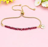 Gold Garnet Bracelet, Personalized Initial Charm, Stainless Steel, Gemstone Jewelry, B5540