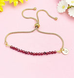 Gold Garnet Bracelet, Personalized Initial Charm, Stainless Steel, Gemstone Jewelry, B5540
