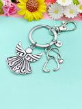 Guardian Angel Stethoscope Keychain, Initial Charm, Doctor Nurse Gift
