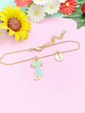 Gold Blue Cat Charm Bracelet, Initial Disc, Personalized Pet Lover Gift