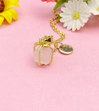 18K Gold Plated Present Box Necklace, Natural Rose Quartz or Quartz Crystal Pendant Gift for Women, N7226