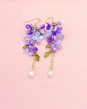 Gold Lilac Purple Flower Charm Earrings, Sakura Cherry Blossom, Natural Pearl, N6005P