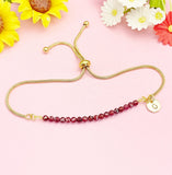 Gold Garnet Bracelet, Personalized Initial Charm, Stainless Steel, Gemstone Jewelry, B5540