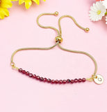 Gold Garnet Bracelet, Personalized Initial Charm, Stainless Steel, Gemstone Jewelry, B5540