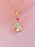 Gold Plated Brass Bear Pendant Necklace with Pearl and Heart Charm