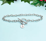 Silver Initial Bracelet, Stainless Steel Toggle Chain with Engraved Letter Charm, B001