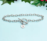 Silver Initial Bracelet, Stainless Steel Toggle Chain with Engraved Letter Charm, B001