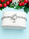 Silver Initial Bracelet, Stainless Steel Toggle Chain with Engraved Letter Charm, B001