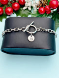 Silver Initial Bracelet, Stainless Steel Toggle Chain with Engraved Letter Charm, B001