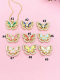 Green Butterfly Pendant Necklace, Gold Enamel Butterfly on 304 Stainless Steel Chain, N7298