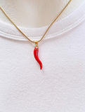 Italian Horn Cornicello Pendant Necklace, Gold Lucky Horn Charm on Snake Chain, N7303