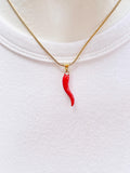 Italian Horn Cornicello Pendant Necklace, Gold Lucky Horn Charm on Snake Chain, N7303