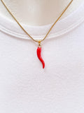 Italian Horn Cornicello Pendant Necklace, Gold Lucky Horn Charm on Snake Chain, N7303
