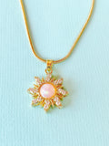 Sunburst Pink Opal Inspired Pendant Necklace, Gold Sun Charm on 304 Stainless Steel Chain, N7304P