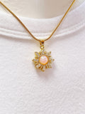 Sunburst Pink Opal Inspired Pendant Necklace, Gold Sun Charm on 304 Stainless Steel Chain, N7304P