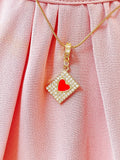 Diamond Frame Heart Pendant Necklace, Gold Red Heart Charm on Snake Chain, N7305