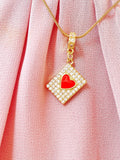 Diamond Frame Heart Pendant Necklace, Gold Red Heart Charm on Snake Chain, N7305