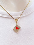 Diamond Frame Heart Pendant Necklace, Gold Red Heart Charm on Snake Chain, N7305