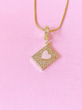 Diamond Frame Pink Heart Pendant Necklace, Gold Heart Charm on Snake Chain, N7306