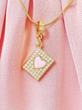 Diamond Frame Pink Heart Pendant Necklace, Gold Heart Charm on Snake Chain, N7306