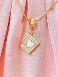 Diamond Frame Pink Heart Pendant Necklace, Gold Heart Charm on Snake Chain, N7306
