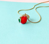 Red Apple Pendant Necklace, Gold Fruit Charm on 304 Stainless Steel Chain, N7308