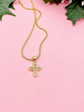 Gemstone Cross Pendant Necklace, Gold Cubic Zirconia Charm on Snake Chain, N7318