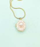 Gold Pearl Flower Oval Locket Necklace, Charm on Snake Chain, N7322
