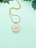 Gold Pearl Flower Oval Locket Necklace, Charm on Snake Chain, N7322