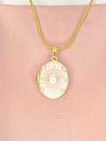 Gold Pearl Flower Oval Locket Necklace, Charm on Snake Chain, N7322