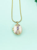 Gold Purple Enamel Gem Oval Locket Necklace, Charm on Snake Chain, N7323