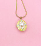 Gold Pearl Yellow Oval Locket Necklace, Charm on Snake Chain, N7322Y