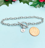 Silver Initial Bracelet, Stainless Steel Toggle Chain with Engraved Letter Charm, B001