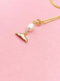 Gold Pearl Tail Charm Necklace, Mermail Whale Tail Beach Ocean Wedding Jewelry, N7324