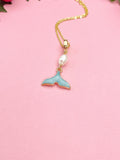 Gold Pearl Tail Charm Necklace, Blue Tail Beach Ocean Wedding Jewelry, N7325