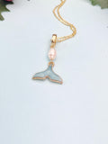 Gold Pearl Tail Charm Necklace, Blue Tail Beach Ocean Wedding Jewelry, N7325