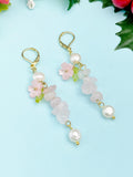 Gold Rose Quartz Pink Sakura Cherry Blossom Flower Charm Earrings, Natural Gemstone and Pearl, E7330
