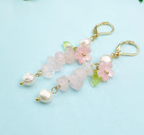 Gold Rose Quartz Pink Sakura Cherry Blossom Flower Charm Earrings, Natural Gemstone and Pearl, E7330