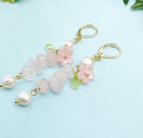 Gold Rose Quartz Pink Sakura Cherry Blossom Flower Charm Earrings, Natural Gemstone and Pearl, E7330