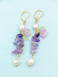 Gold Natural Amethyst Lilac Sakura Cherry Blossom Flower Charm Earrings, Natural Gemstone and Pearl, E7331