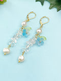 Gold Natural Quartz Blue Sakura Cherry Blossom Flower Charm Earrings, Natural Gemstone and Pearl, E7331
