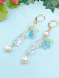 Gold Natural Quartz Blue Sakura Cherry Blossom Flower Charm Earrings, Natural Gemstone and Pearl, E7331