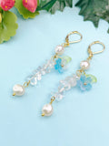Gold Natural Quartz Blue Sakura Cherry Blossom Flower Charm Earrings, Natural Gemstone and Pearl, E7331