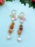 Gold Natural Carnelian Pink Sakura Cherry Blossom Flower Charm Earrings, Natural Gemstone and Pearl, E7333