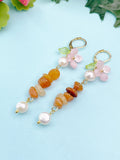 Gold Natural Carnelian Pink Sakura Cherry Blossom Flower Charm Earrings, Natural Gemstone and Pearl, E7333