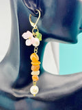 Gold Natural Carnelian Pink Sakura Cherry Blossom Flower Charm Earrings, Natural Gemstone and Pearl, E7333