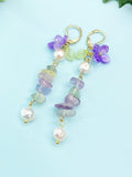 Gold Natural Fluorite Purple Sakura Cherry Blossom Flower Charm Earrings, Natural Gemstone and Pearl, E7334